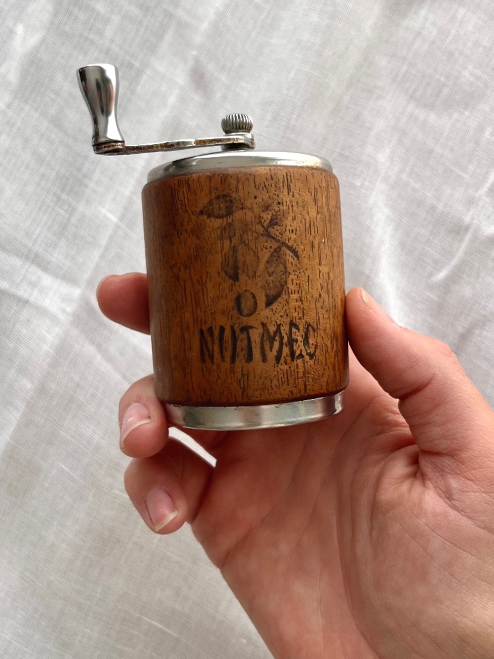 Nutmeg Grinder: Vintage George S Thompson Corp Wood Stainless Steel Midcentury